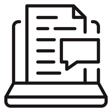 Vector icon illustration of a laptop with a document and a speech bubble, representing online feedback, digital communication, blog commenting, and collaborative document editing in black.
