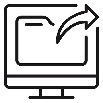 Minimalist black line vector icon of a computer monitor with a file folder and an outgoing arrow, symbolizing data export, file sharing, digital transfer, and cloud upload illustration.