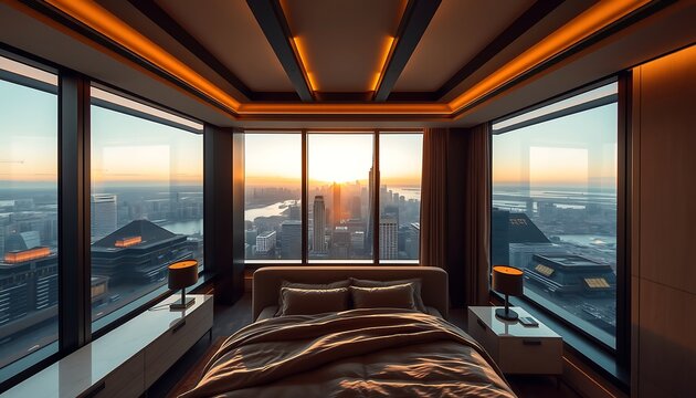 Elegant penthouse bedroom with panoramic city view at dusk