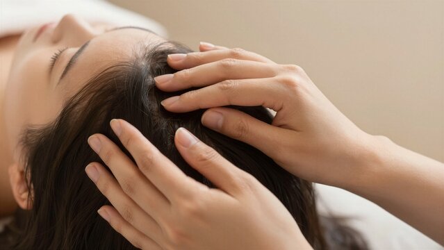 Close-up of hands providing a relaxing scalp massage to a woman's head in a spa setting. Soft focus background.