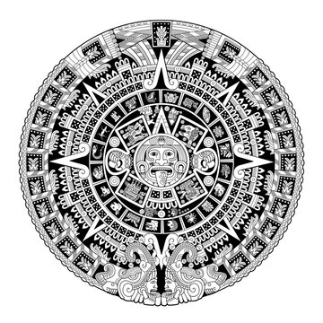 Aztec sun stone or Great Aztec calendar stone, depicting sun god Tonatiuh in the center, surrounded by glyph called movement, 20 day signs and cardinal directions. Black and white illustration. Vector