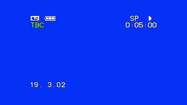VHS camcorder interface overlay with timecode and date on blue screen