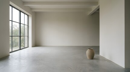 Fototapeta premium Spacious Empty Minimalist Room with Large Industrial Glass Window Concrete Floor and Solitary Clay Pot for Interior Mockup Architecture Presentation and Real Estate Concept