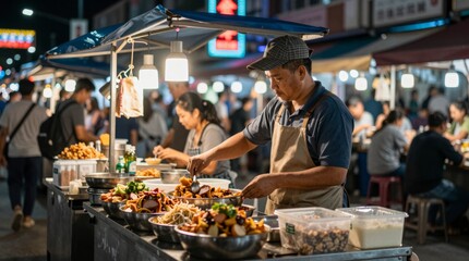 Obraz premium Street Vendor Preparing Fresh Street Food at Night Market Scene