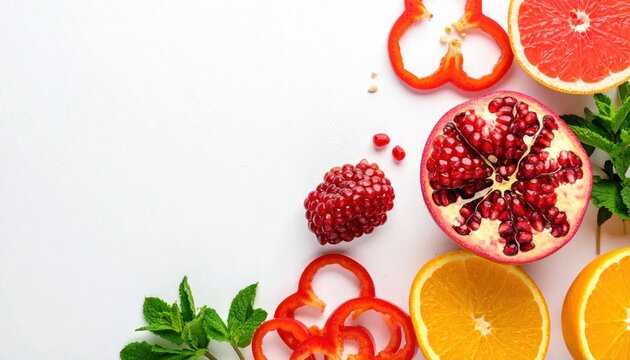 Fresh red pomegranate, orange and grapefruit slices, red pepper rings and mint leaves, vibrant healthy food background for culinary blog
