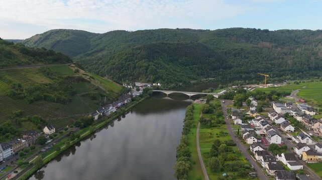 Zell village, Moselle river, Zeller Hamm, aerial view over Mosel valley landscape, Rhineland Palatinate, Germany, vineyard mountain