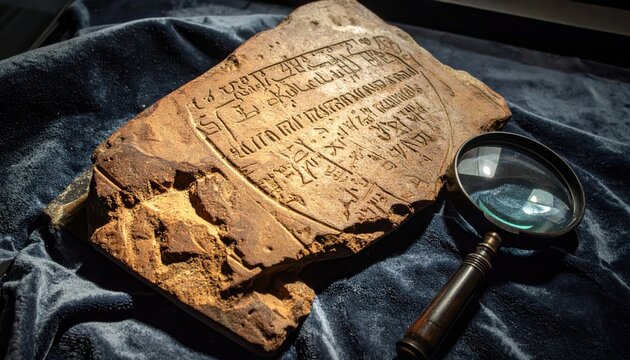 Ancient Cuneiform Clay Tablet Fragment with Magnifying Glass on Dark Velvet