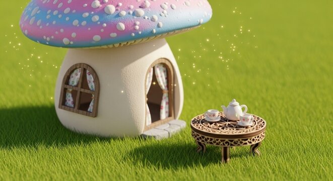Fantasy mushroom house and tea set on green grass with sparkling effects