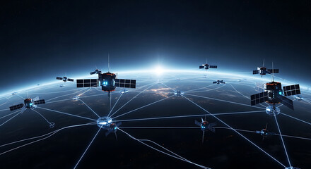 Fototapeta premium Satellites orbiting Earth emit signals connecting global network in space