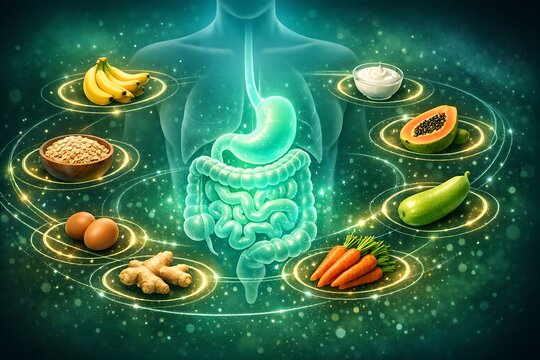 A glowing human digestive system surrounded by healthy foods for gut health and nutrition