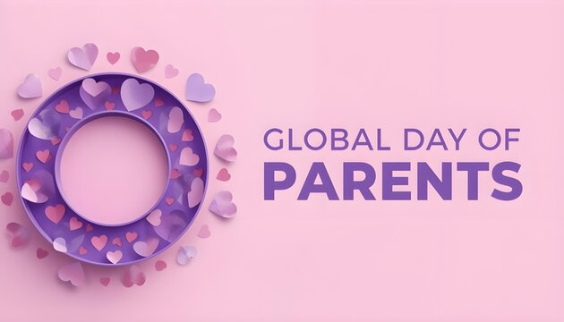 A pink background with a purple circle and hearts for Global Day of Parents