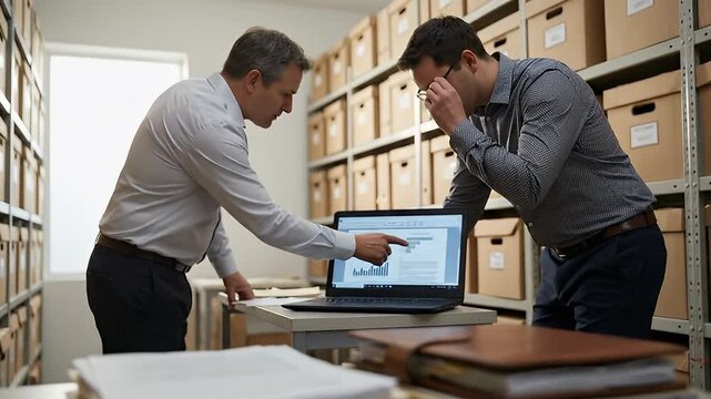 Warehouse team discusses inventory on laptop screen.