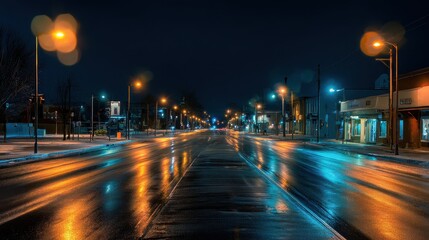 Fototapeta premium Amber glow along a narrow urban street at night, clean lines, LED lighting and moody atmosphere