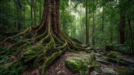 Obraz premium Ancient tree with colossal roots spanning a lush jungle forest