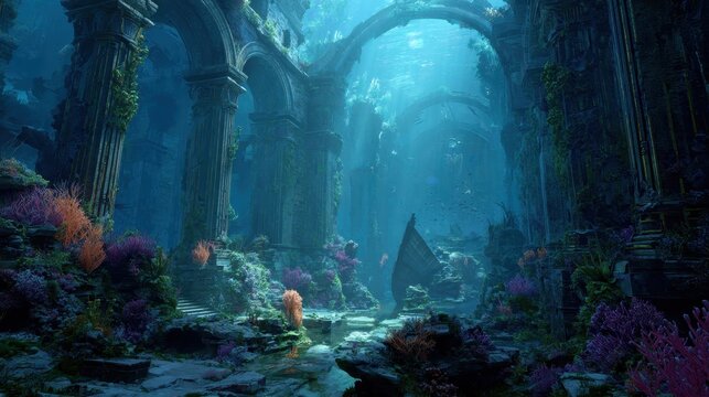 Ancient underwater metropolis in the deep sea with glowing temples and coral-covered ruins