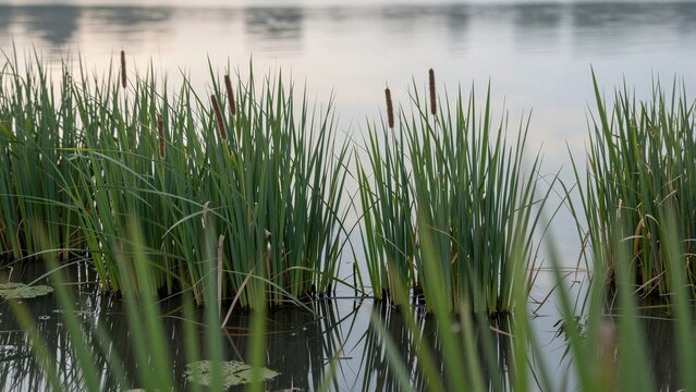 Close-up of Juncus acutus plants with green blades and brown seed heads at edge of calm water, reflecting in the still surface. Soft focus.