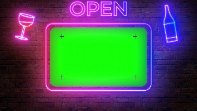 Camera flying through green screen with motion tracking markers, neon signs on brick wall at night