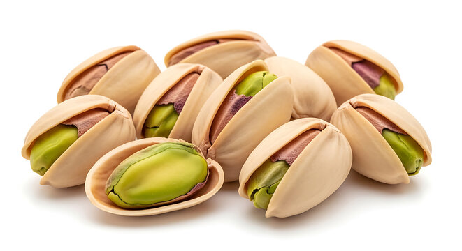 A pile of pistachios with shells partially open on white background