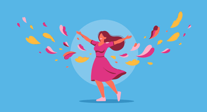 Woman dancing with colorful confetti.