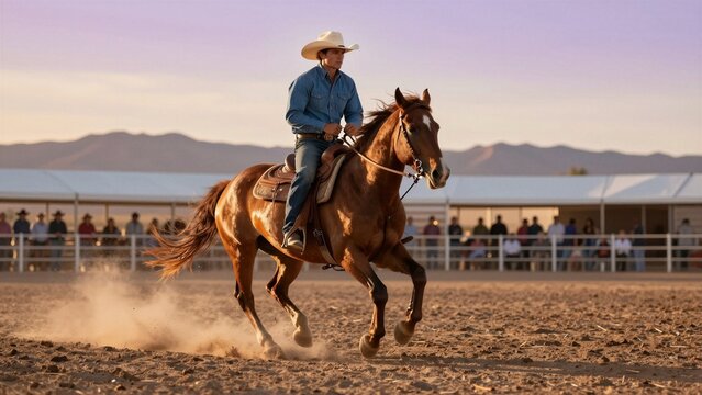A cowboy in a white hat and denim shirt rides a brown horse at full gallop, kicking up dust in a rodeo arena with spectators watching under a soft focus sky.