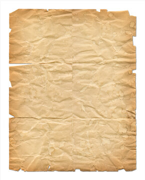 Heavily brown wrinkled paper sheet isolated on white