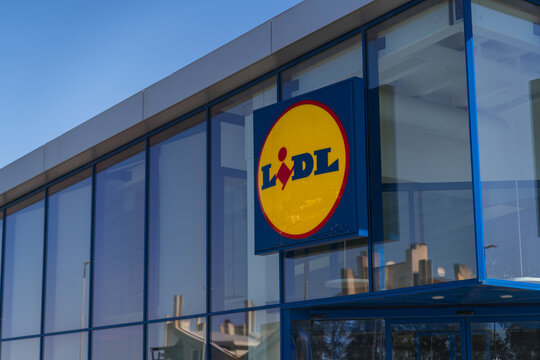 Lidl supermarket logo on glass building facade exterior