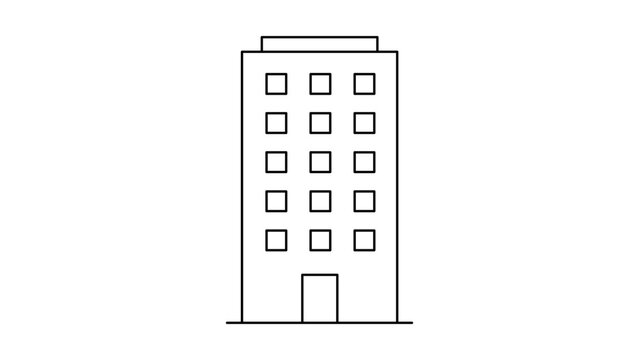 Minimalist black line vector icon of a tall apartment block or office building with windows and a door, isolated on a white background. Perfect for architecture, urban planning, or real estate.