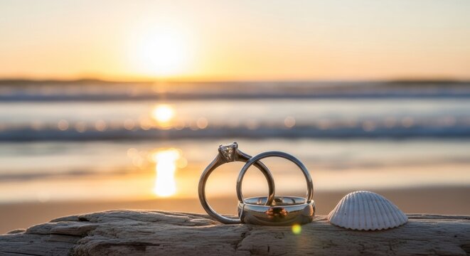 Wedding rings on driftwood with seashell against sunset ocean view