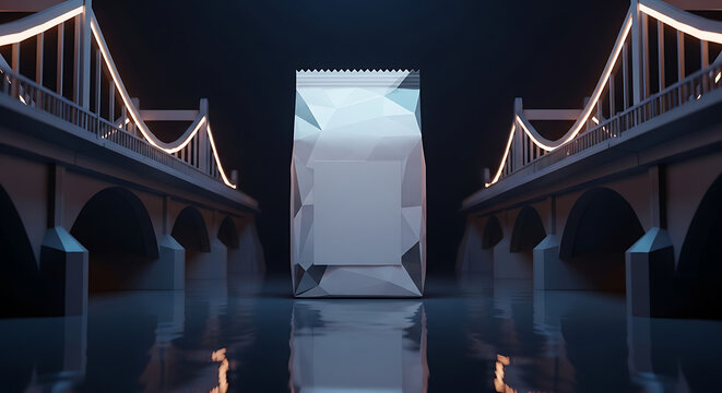 Abstract geometric monolith on water between illuminated suspension bridges at night, futuristic concept