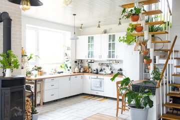 Bright kitchen interior with modular staircase, lots of potted plants, eco-friendly style, wooden shelves, daylight, cozy and fresh atmosphere. © Ольга Симонова