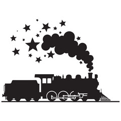 Black steam train silhouette, starry night sky, locomotive icon, transportation symbol © Tanzil