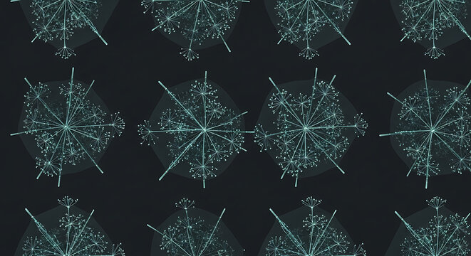 Abstract geometric pattern with glowing teal particles arranged in hexagonal clusters on a dark background, digital network or molecular structure concept