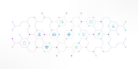 Plakat Medical background and healthcare technology with flat icons and symbols. Concept and idea for health care business, innovation medicine, health safety, science, medical research, and development.