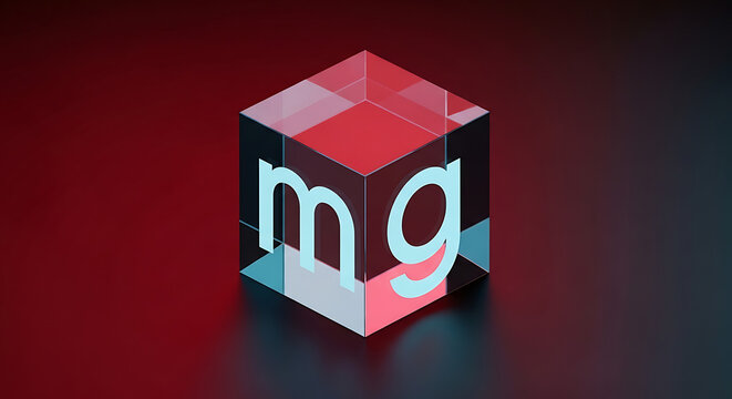 Abstract glass cube with glowing letters m and g inside, set against a dark gradient background with red and blue light reflections
