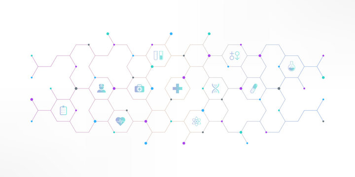 Medical background and healthcare technology with flat icons and symbols. Concept and idea for health care business, innovation medicine, health safety, science, medical research, and development.