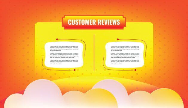 Modern customer reviews layout with two speech bubbles on an orange-yellow gradient background. Creative vector template for business testimonials, feedback, and client ratings.