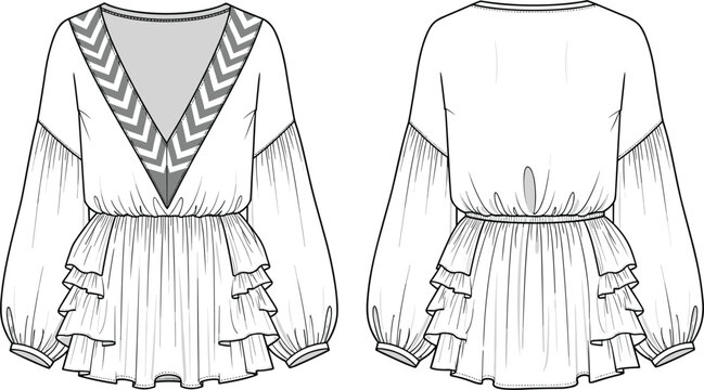 Women elegant bohemian blouse technical sketch vector featuring deep V neckline with chevron pattern long puff sleeves and tiered ruffle peplum hem for apparel design.