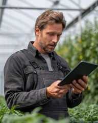 Fototapeta premium Grower Using Tablet for Smart Plant Monitoring in Greenhouse