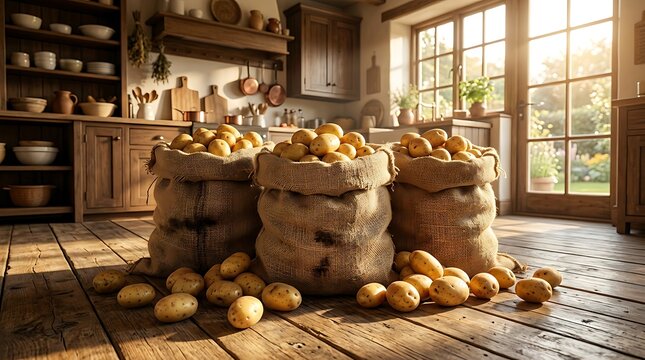 Tas karung penuh kentang segar di dapur rumah hangat saat matahari terbenam