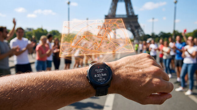 Runner tracking progress with smartwatch and augmented reality map