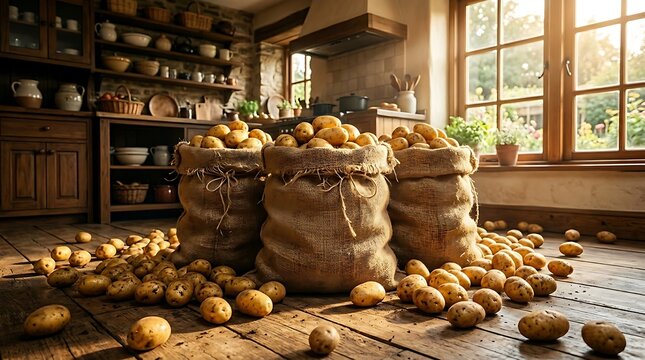 Kentang Segar Dalam Karung Kayu di Dapur Tradisional untuk Masakan Rumahan dan Pengolahan Makanan Sehat