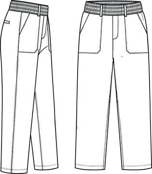 Women elastic waist casual pants technical sketch vector set featuring front and side views with large patch pockets and comfortable straight leg fit for apparel design.