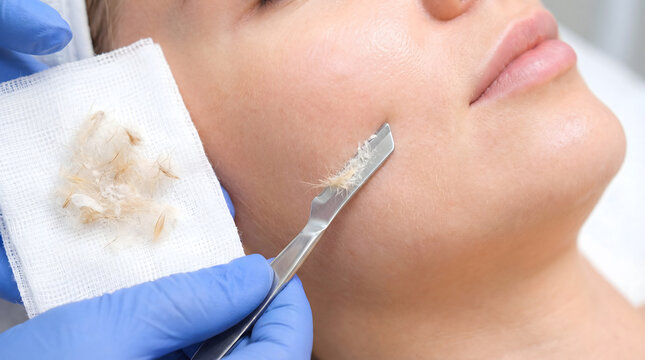 Dermaplaning facial treatment removing vellus hair from woman's face