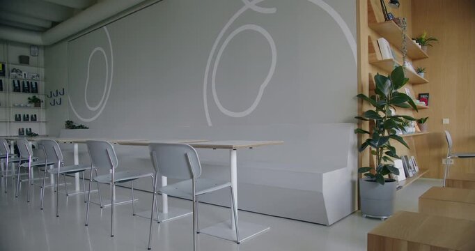 A contemporary cafe setup featuring minimalist design with white walls adorned with abstract art, wooden shelves with books, and a healthy indoor plant.