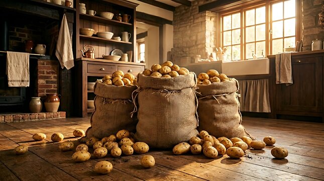 Goni-goni Kentang Segar dalam Karung di Dapur Tradisional Bergaya Pedesaan