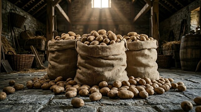 Karung Berisi Kentang di Gudang Pedesaan untuk Penyimpanan Sayuran Segar dan Produksi Makanan Tradisional