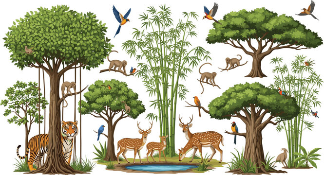 Jungle wildlife scene with tiger deer monkeys birds and bamboo forest vector illustration nature landscape composition