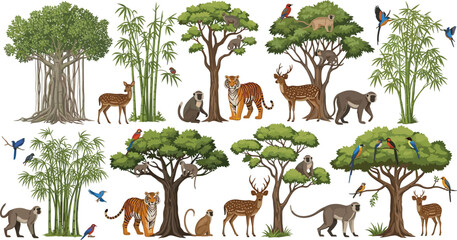 Wildlife jungle animals with trees and bamboo vector illustration set featuring tiger deer monkey birds forest nature © MdNipon