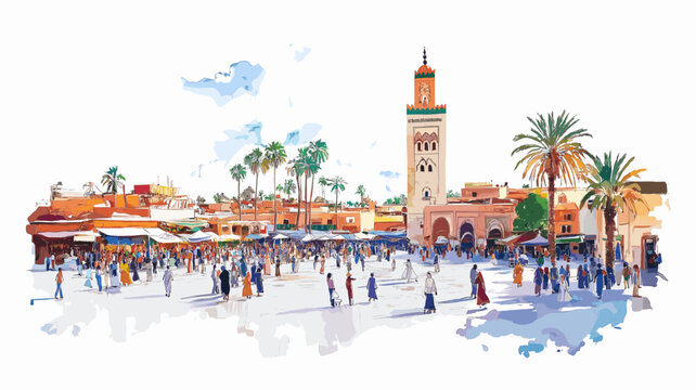 Jemaa el-Fnaa Square. Jemaa el-Fnaa Square hand drawn watercolor illustration on white background