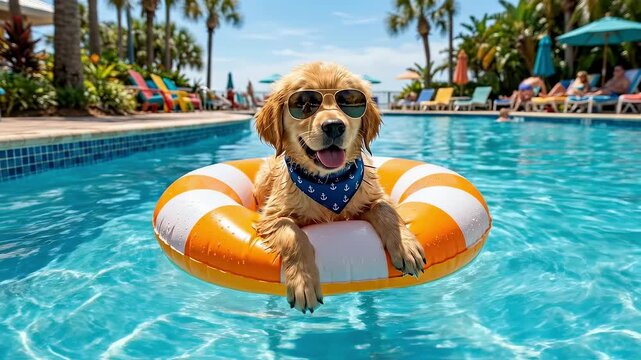 Happy dog floating on inflatable ring in swimming pool under bright sunlight. Concept of summer, pets, fun, relaxation, vacation lifestyle.